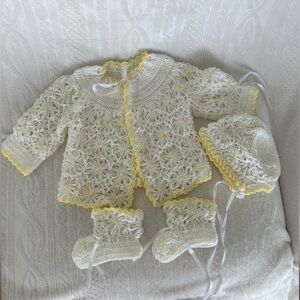 Hand Crafted Crochet White and Yellow Daisy  Sweater Set 4pc